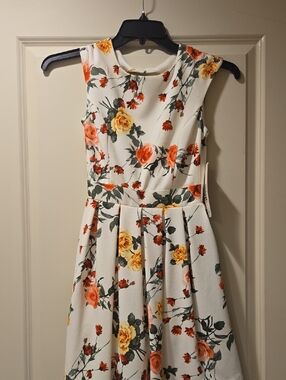 Floral Sleeveless Fit-and-Flare Dress - White with Orange & Yellow Roses